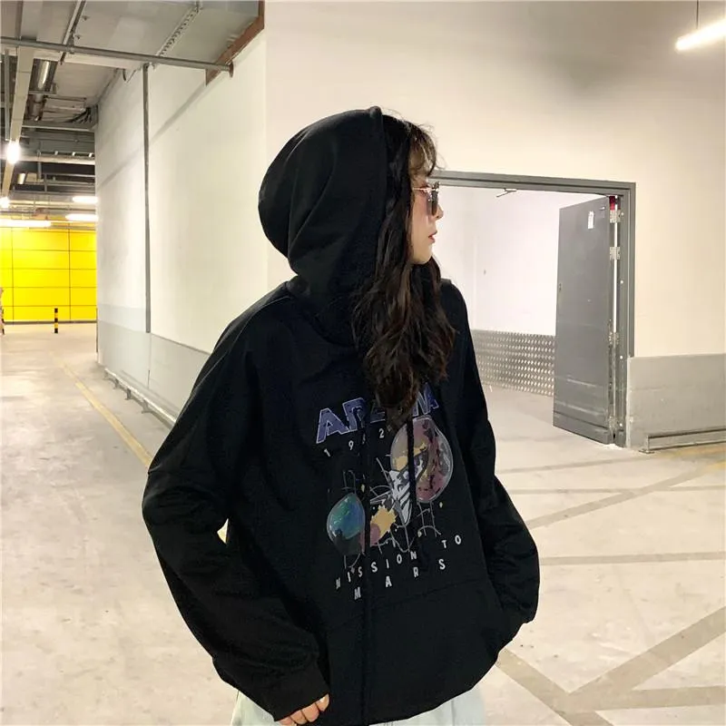 Autumn and Winter Cotton Nostalgia Old Planet Printed Harajuku Spaceship Arizona Space Print Black Hooded Sweatshirt Hoodie