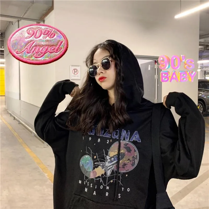 Autumn and Winter Cotton Nostalgia Old Planet Printed Harajuku Spaceship Arizona Space Print Black Hooded Sweatshirt Hoodie