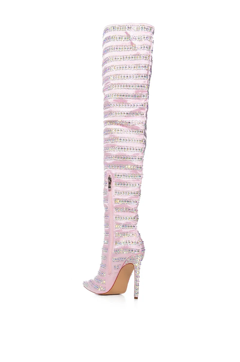 AZALEA WANG CLEARWATER RHINESTONE STRIPED SATIN BOOT IN BABY PINK