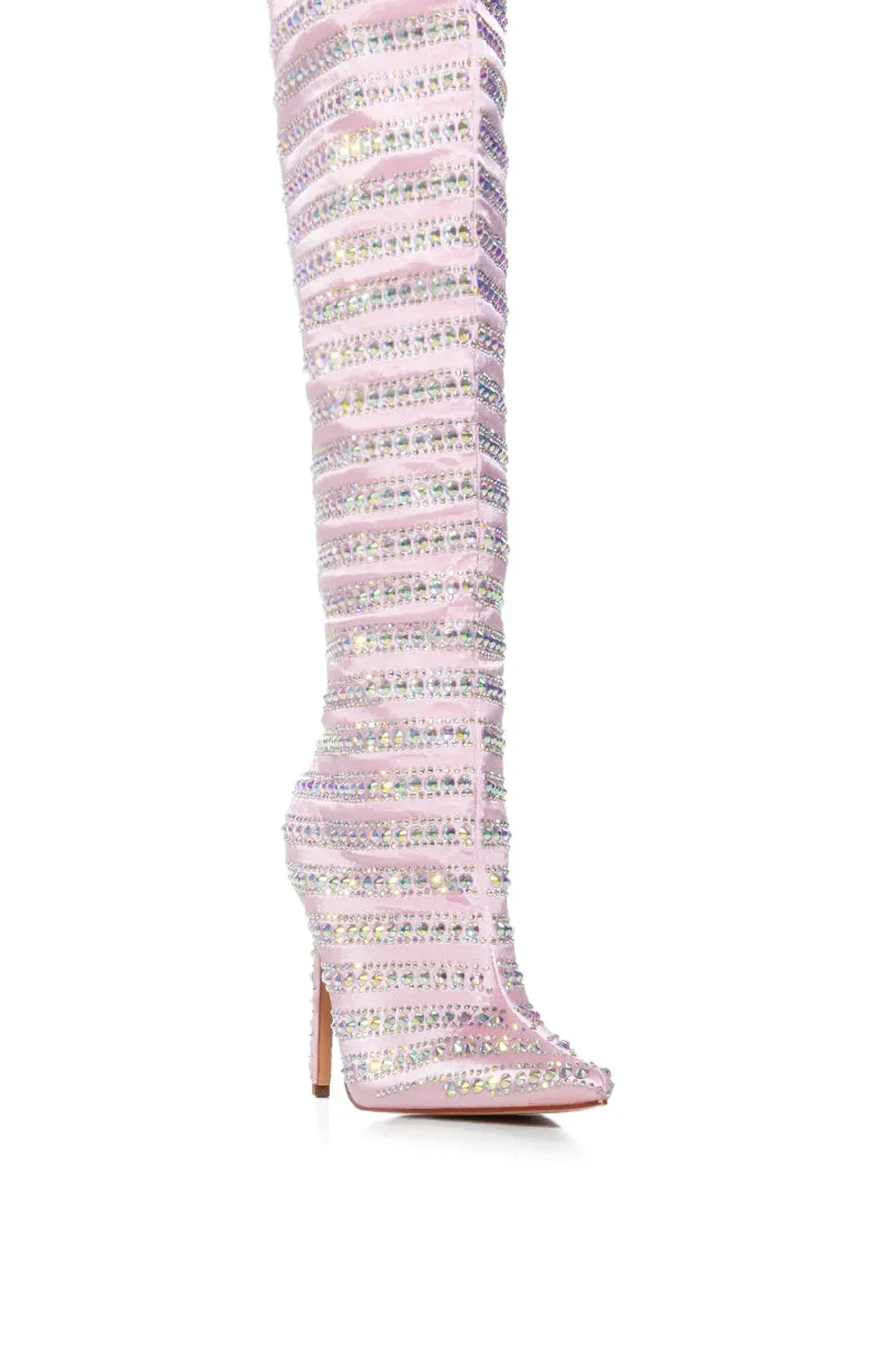 AZALEA WANG CLEARWATER RHINESTONE STRIPED SATIN BOOT IN BABY PINK