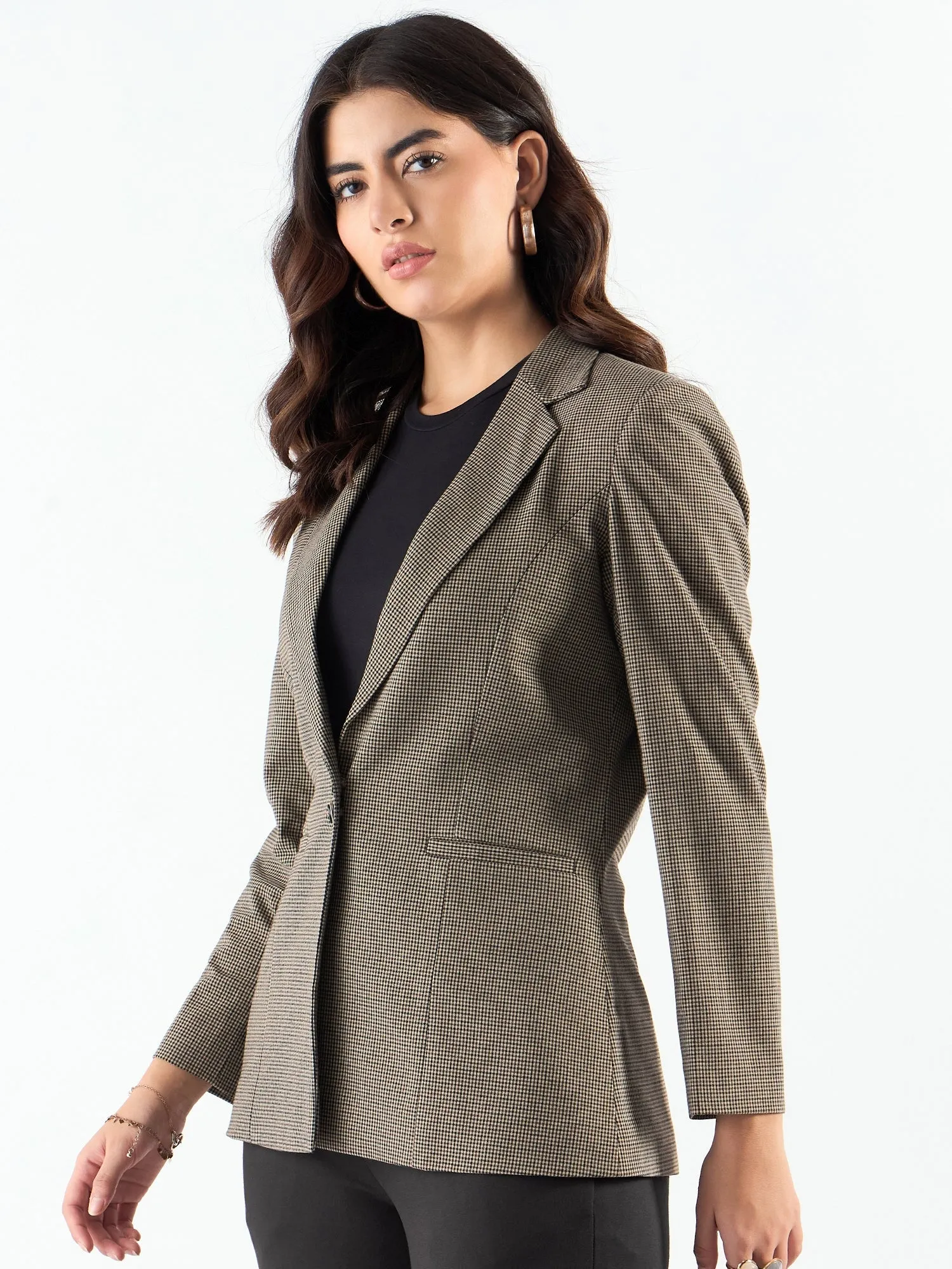 Beige Poly Viscose Notched Lapel Refined Check Blazer