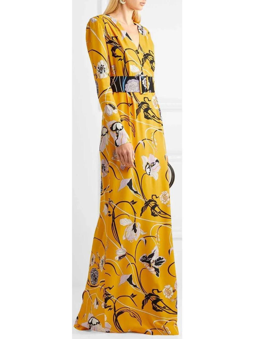Belted Floral-Print Crepe Gown