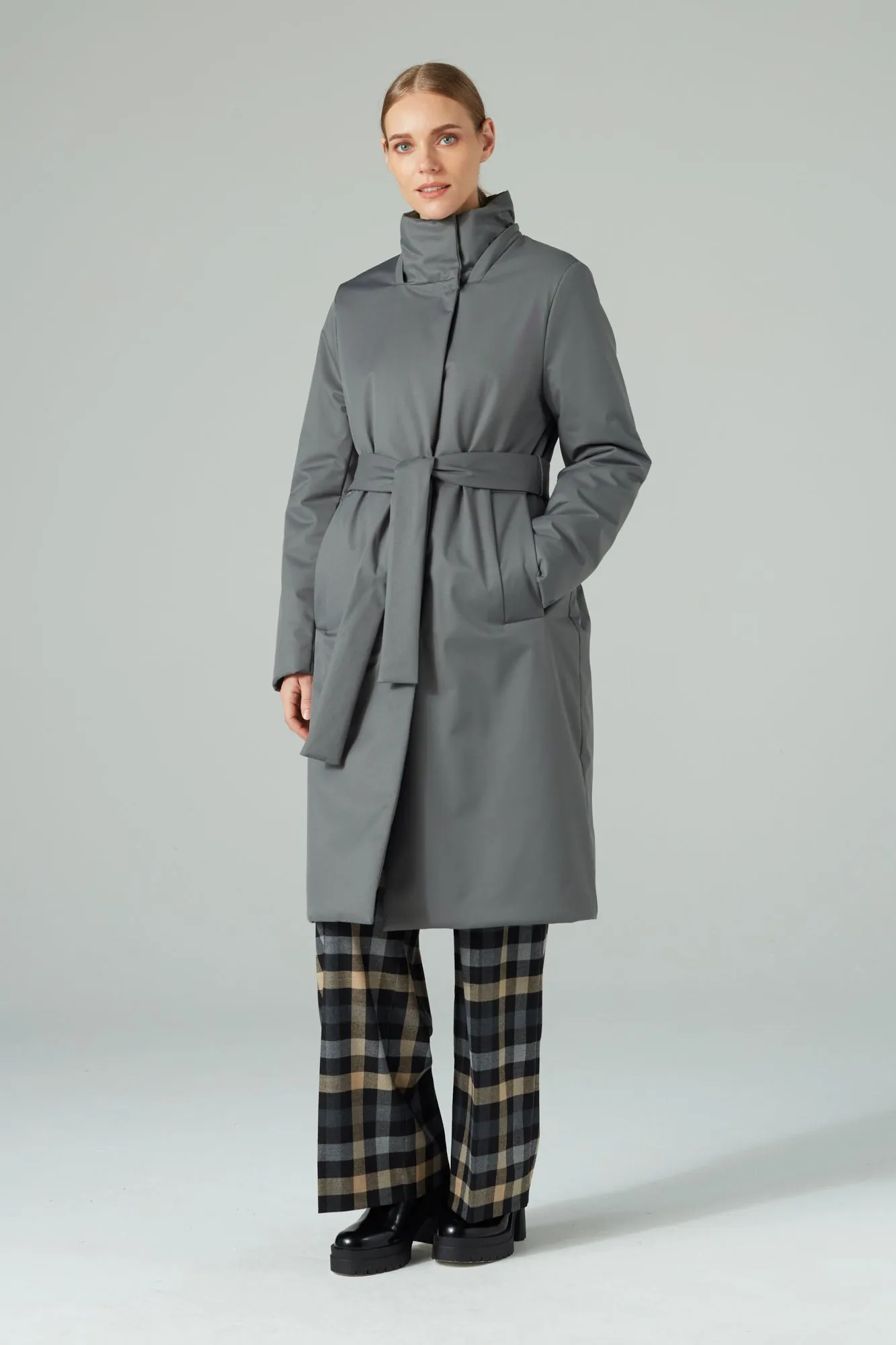 BELTED LONGLINE PADDED COAT WITH A HOOD ANTRACITE