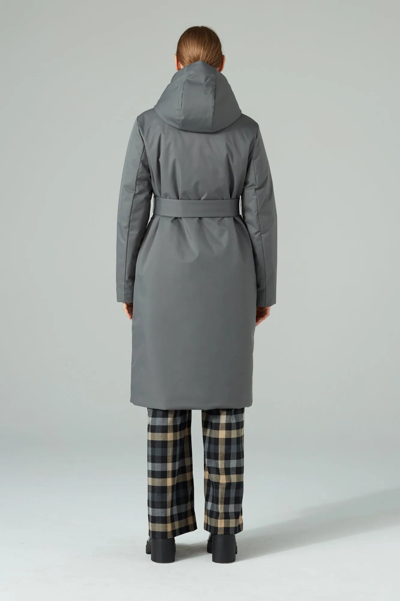 BELTED LONGLINE PADDED COAT WITH A HOOD ANTRACITE