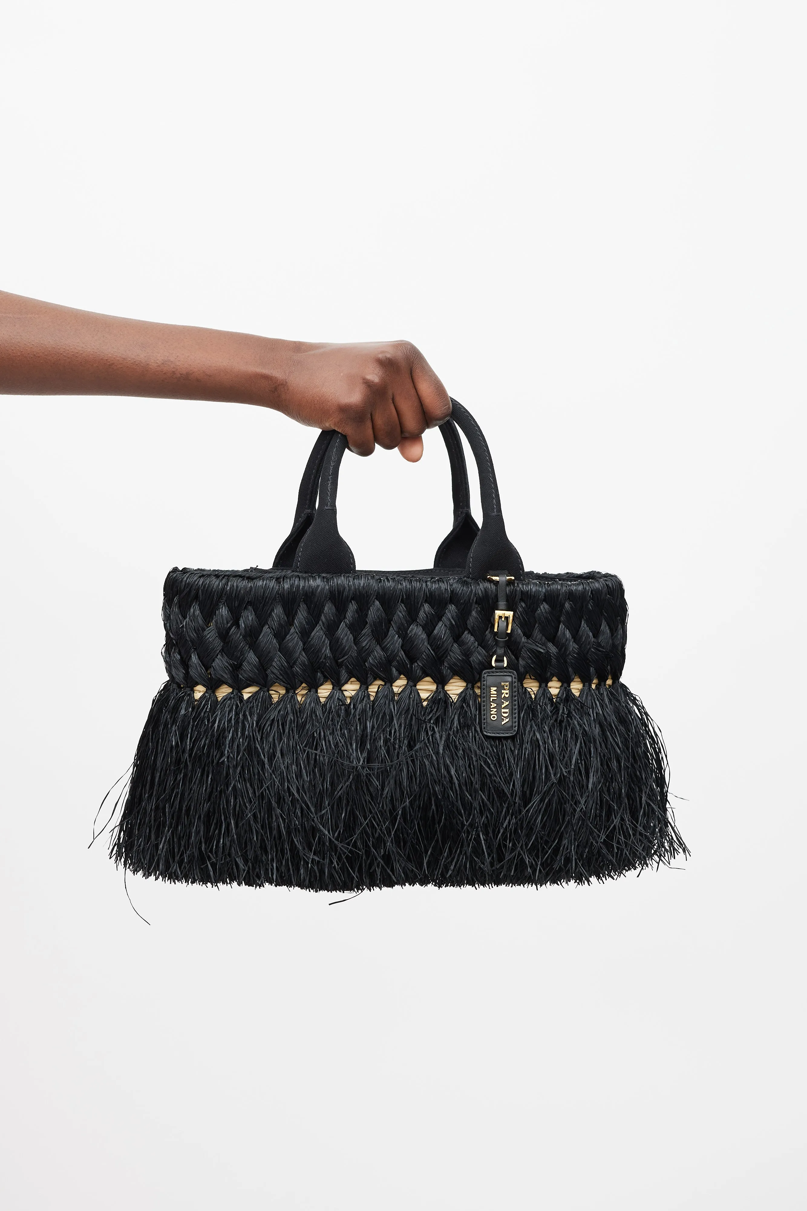 Black & Beige Braided Raffia Midollino Tote Bag