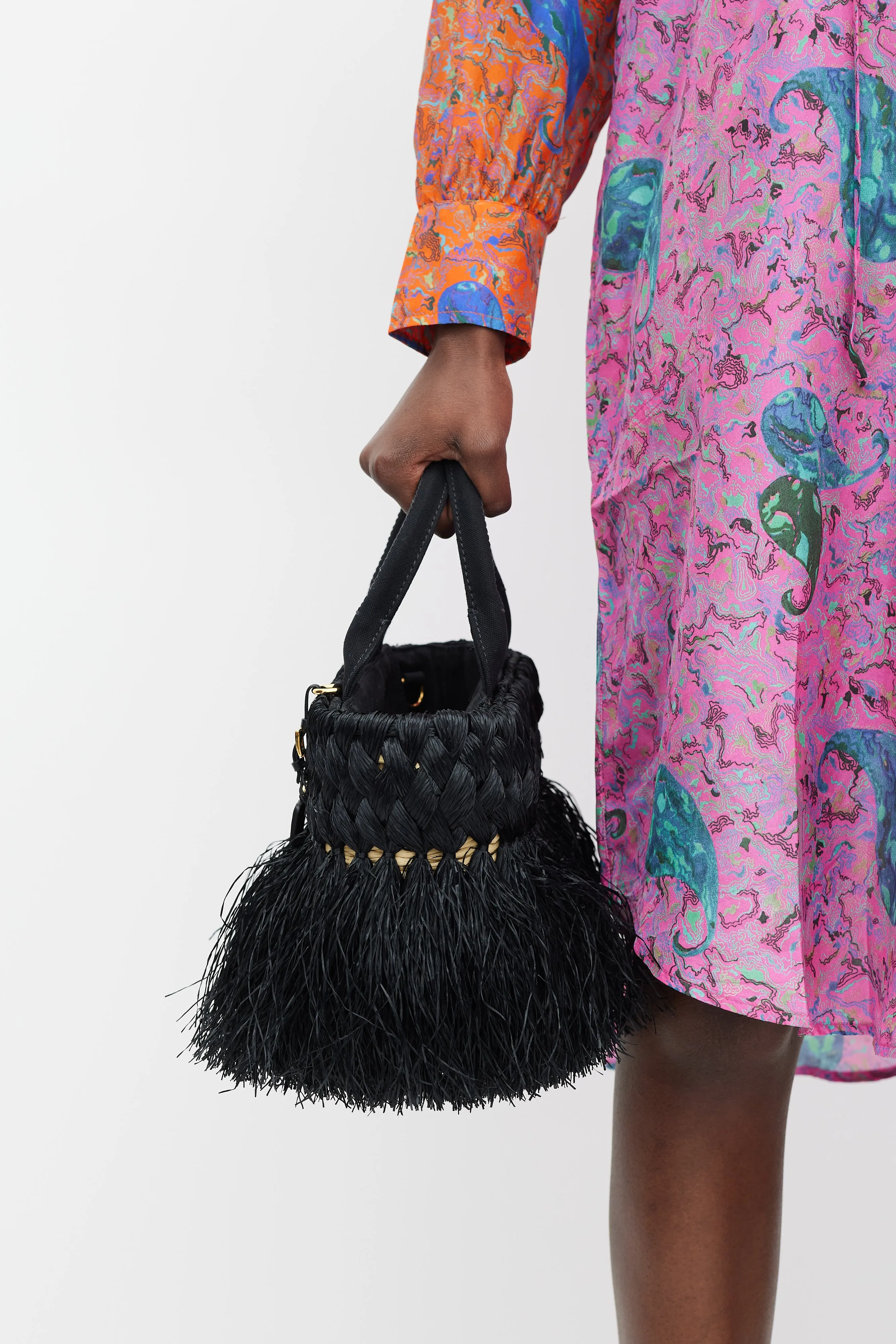 Black & Beige Braided Raffia Midollino Tote Bag