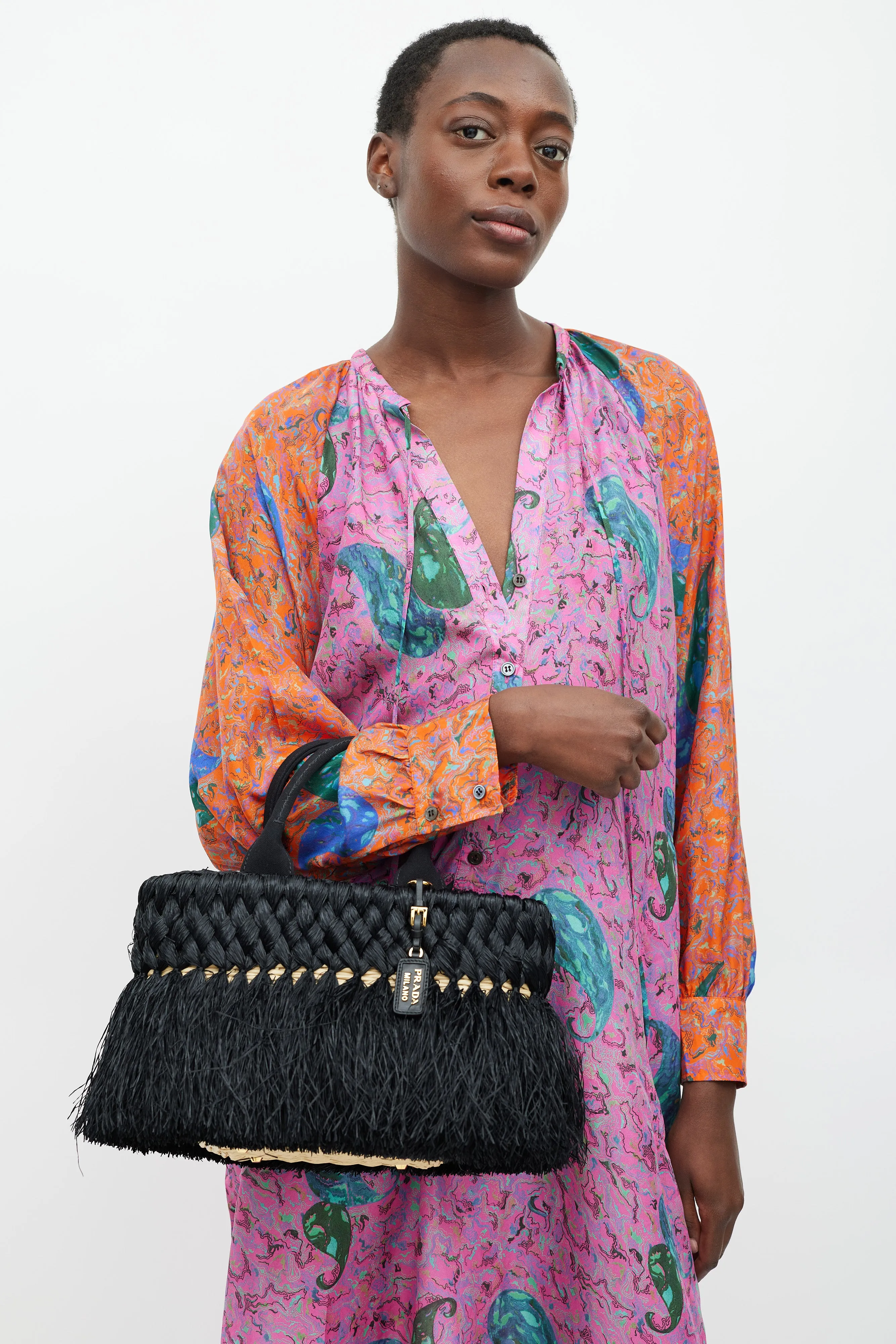 Black & Beige Braided Raffia Midollino Tote Bag