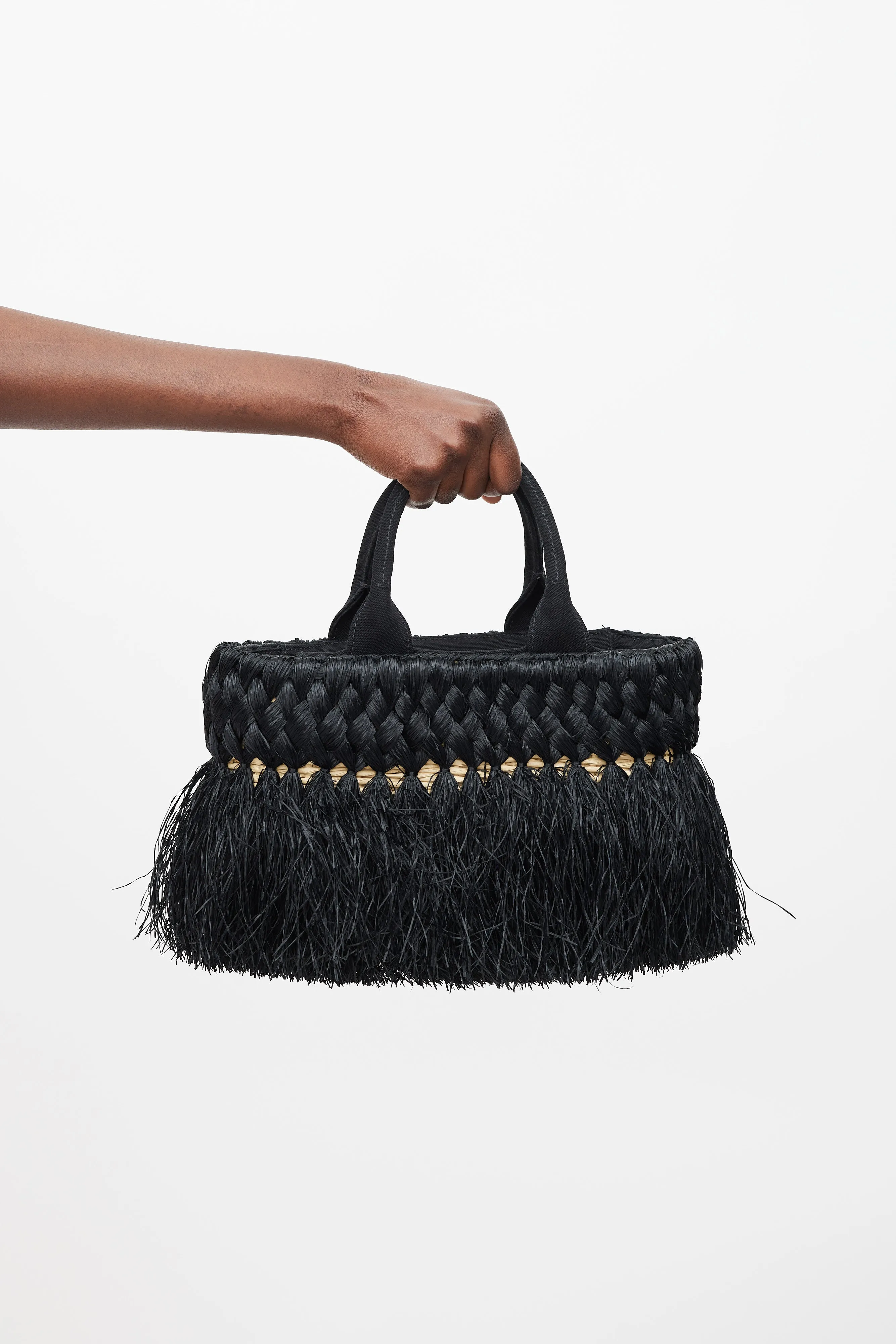 Black & Beige Braided Raffia Midollino Tote Bag