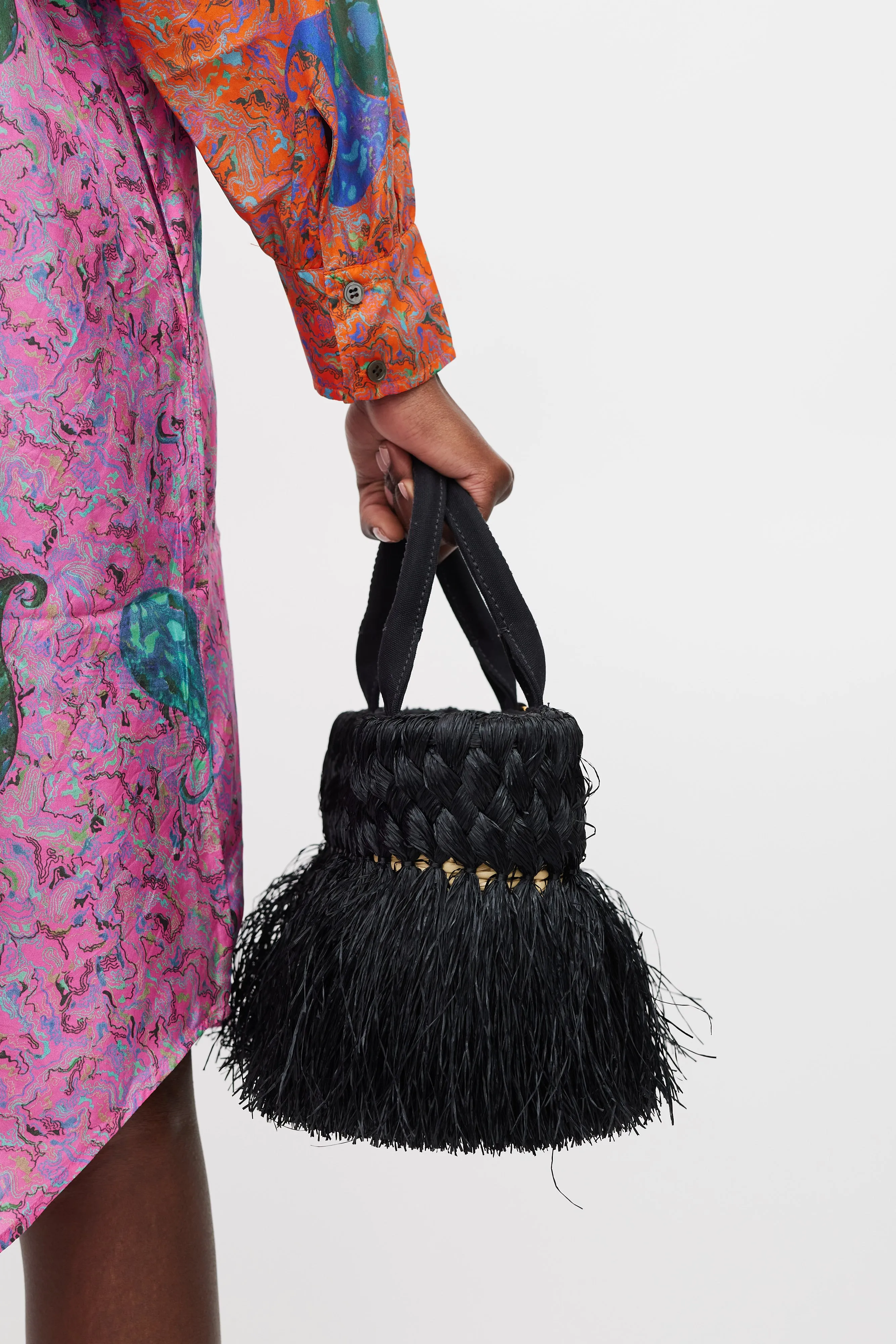 Black & Beige Braided Raffia Midollino Tote Bag