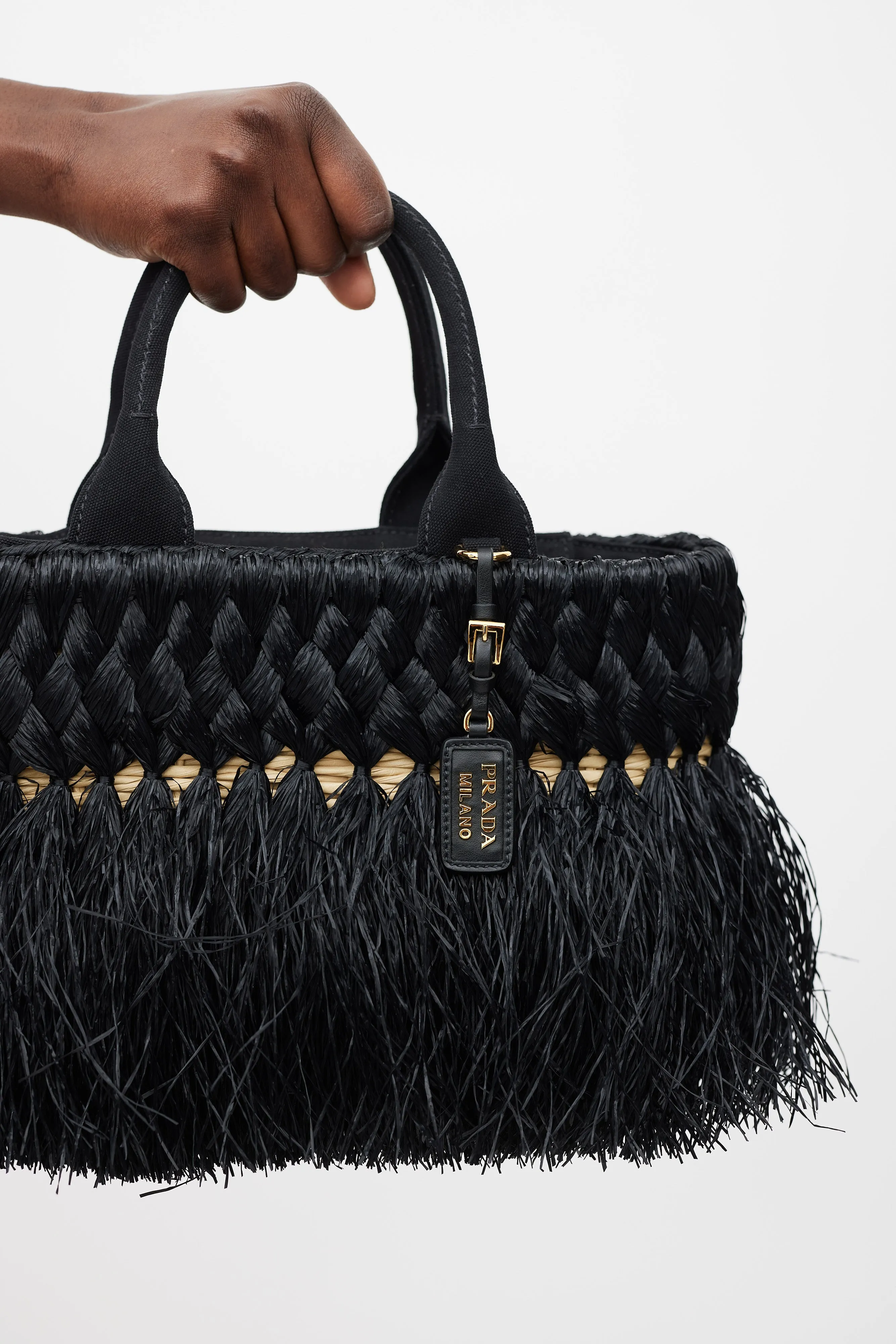 Black & Beige Braided Raffia Midollino Tote Bag