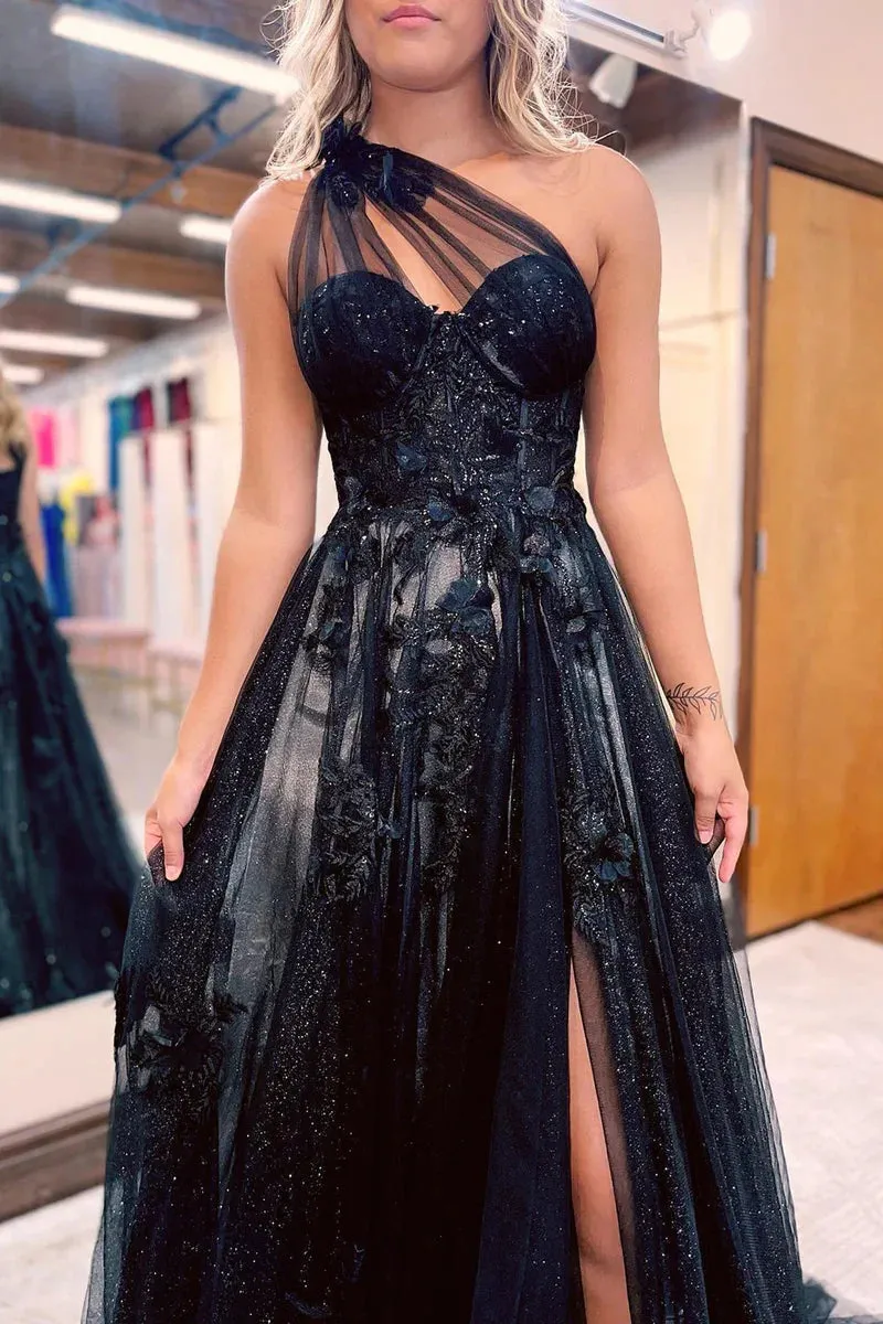 Black One Shoulder Floral Prom Dresses Preppy Prom Dresses 2024