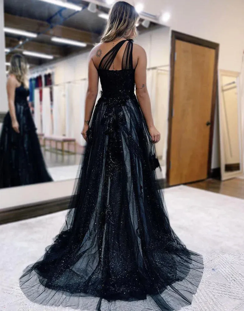 Black One Shoulder Floral Prom Dresses Preppy Prom Dresses 2024