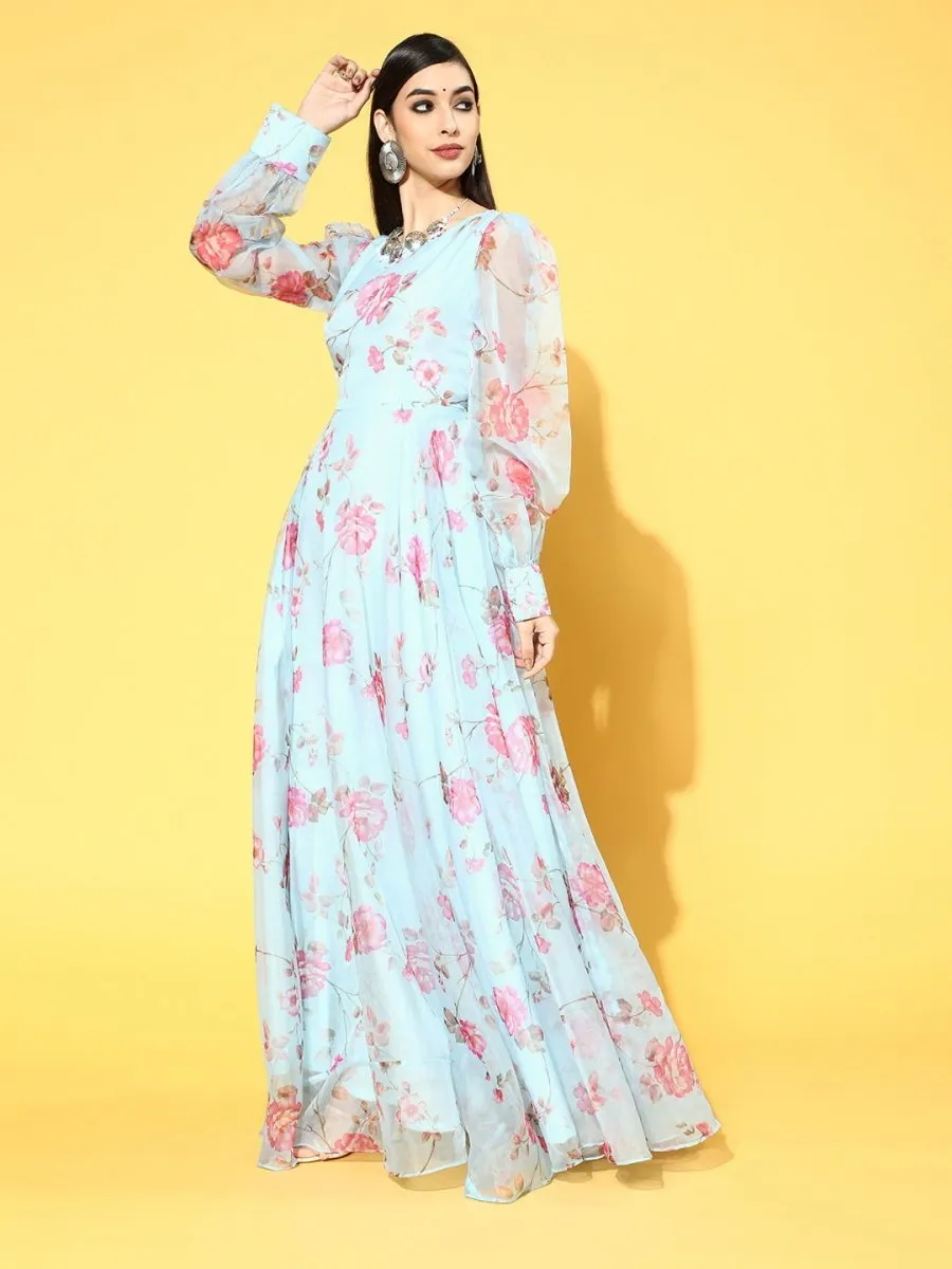 Blue Nylon Partywear Floral Dresses