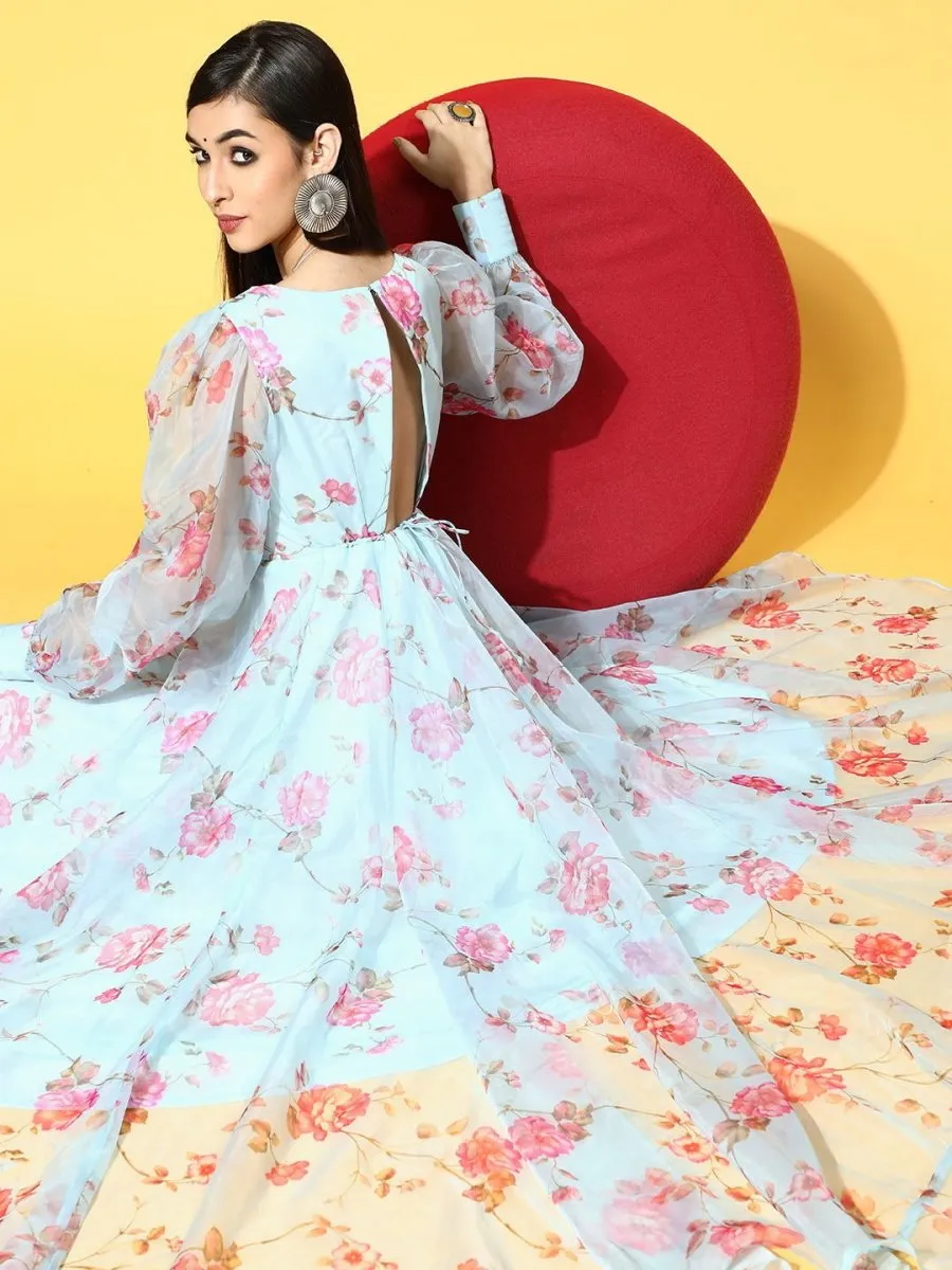 Blue Nylon Partywear Floral Dresses
