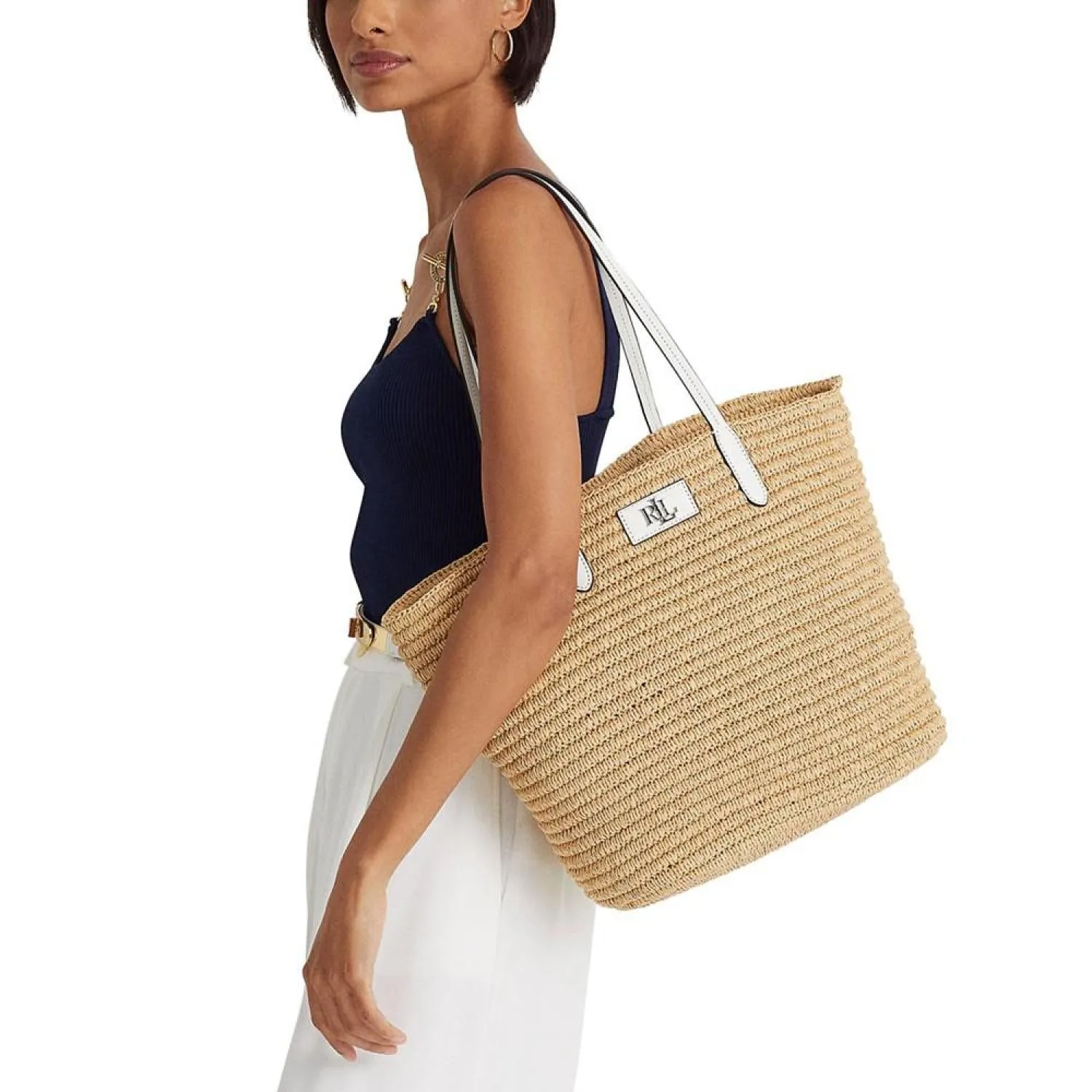 Brie Leather-Trim Straw Medium Tote Bag