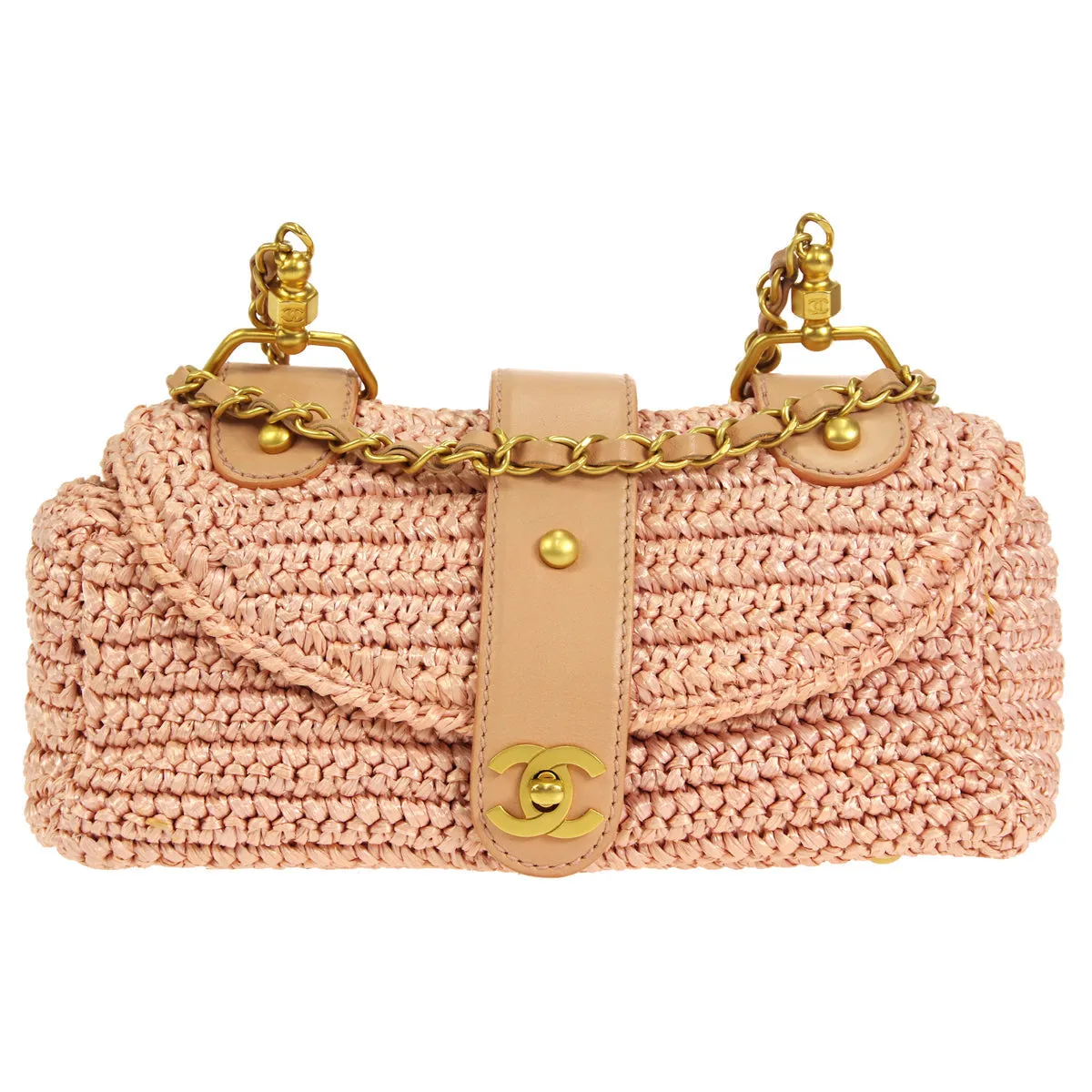 CHANEL 2005-2006 Woven Crossbody Bag Medium Pink Raffia Straw