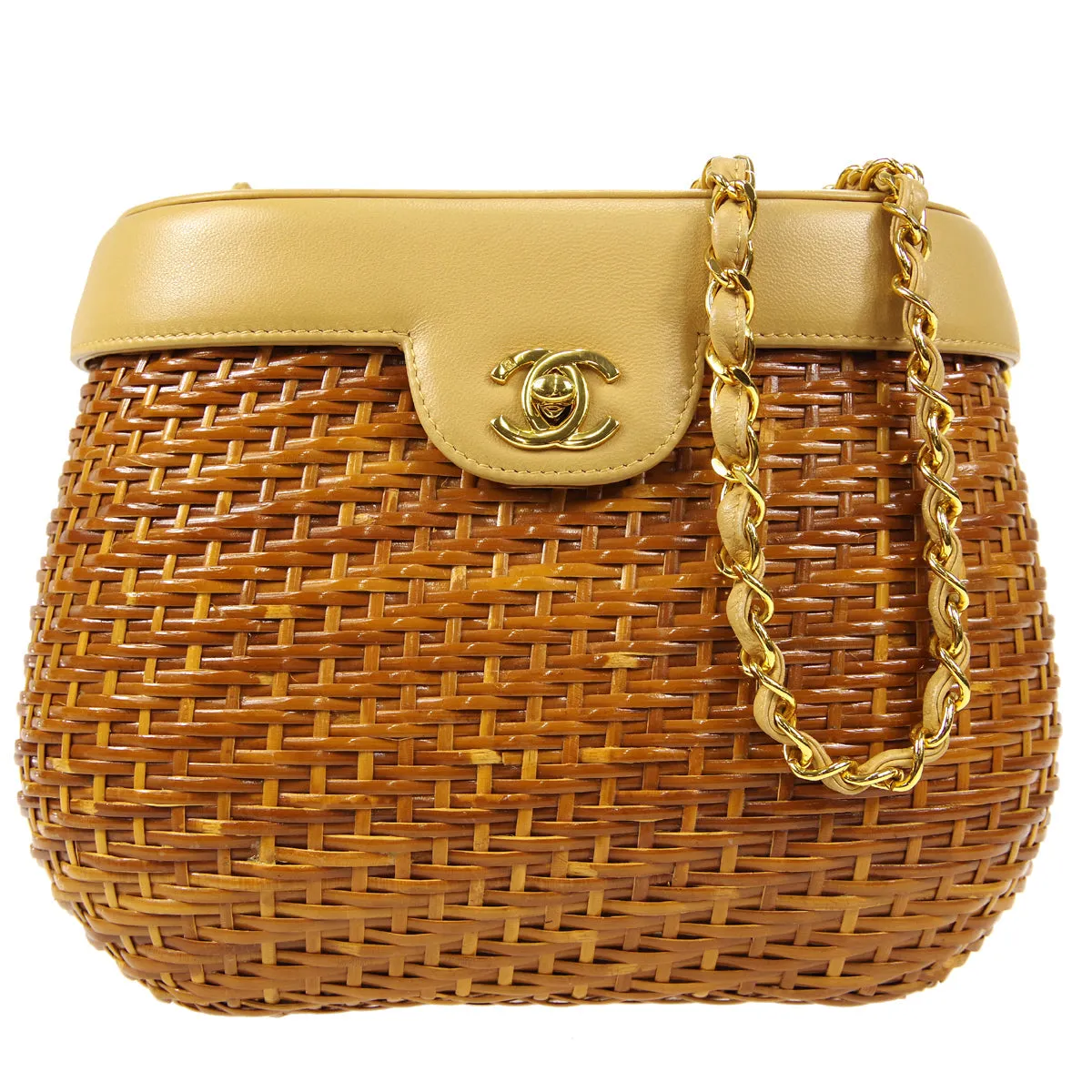 CHANEL Chain Basket Shoulder Bag Beige Straw