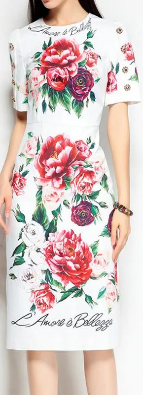 Floral-Print Crystal-Button-Embellished Sheath Dress