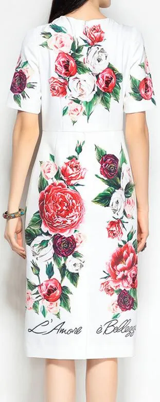 Floral-Print Crystal-Button-Embellished Sheath Dress
