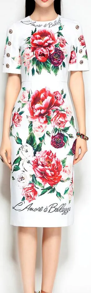 Floral-Print Crystal-Button-Embellished Sheath Dress