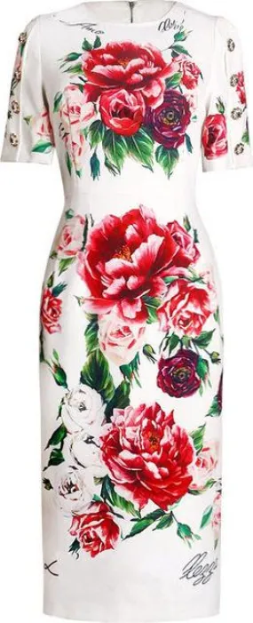 Floral-Print Crystal-Button-Embellished Sheath Dress
