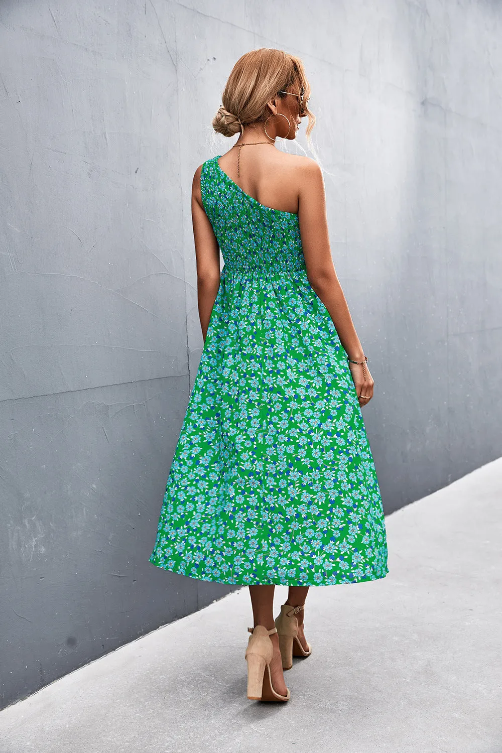 Floral Smocked One-Shoulder Midi Dress