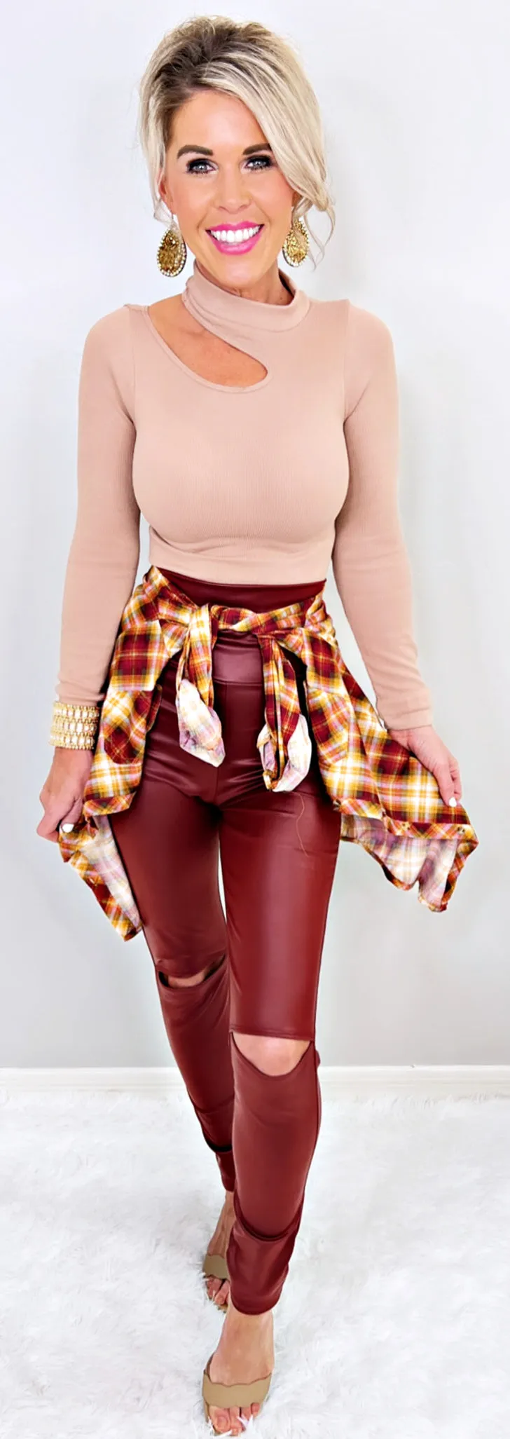 High Waisted Slit Faux Leather Leggings - Burgundy