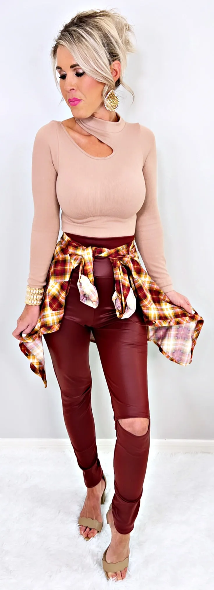 High Waisted Slit Faux Leather Leggings - Burgundy