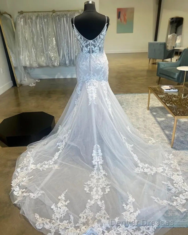 Ivory Floral Lace Plunge V Trumpet Long Bridal Gown Wedding Dresses