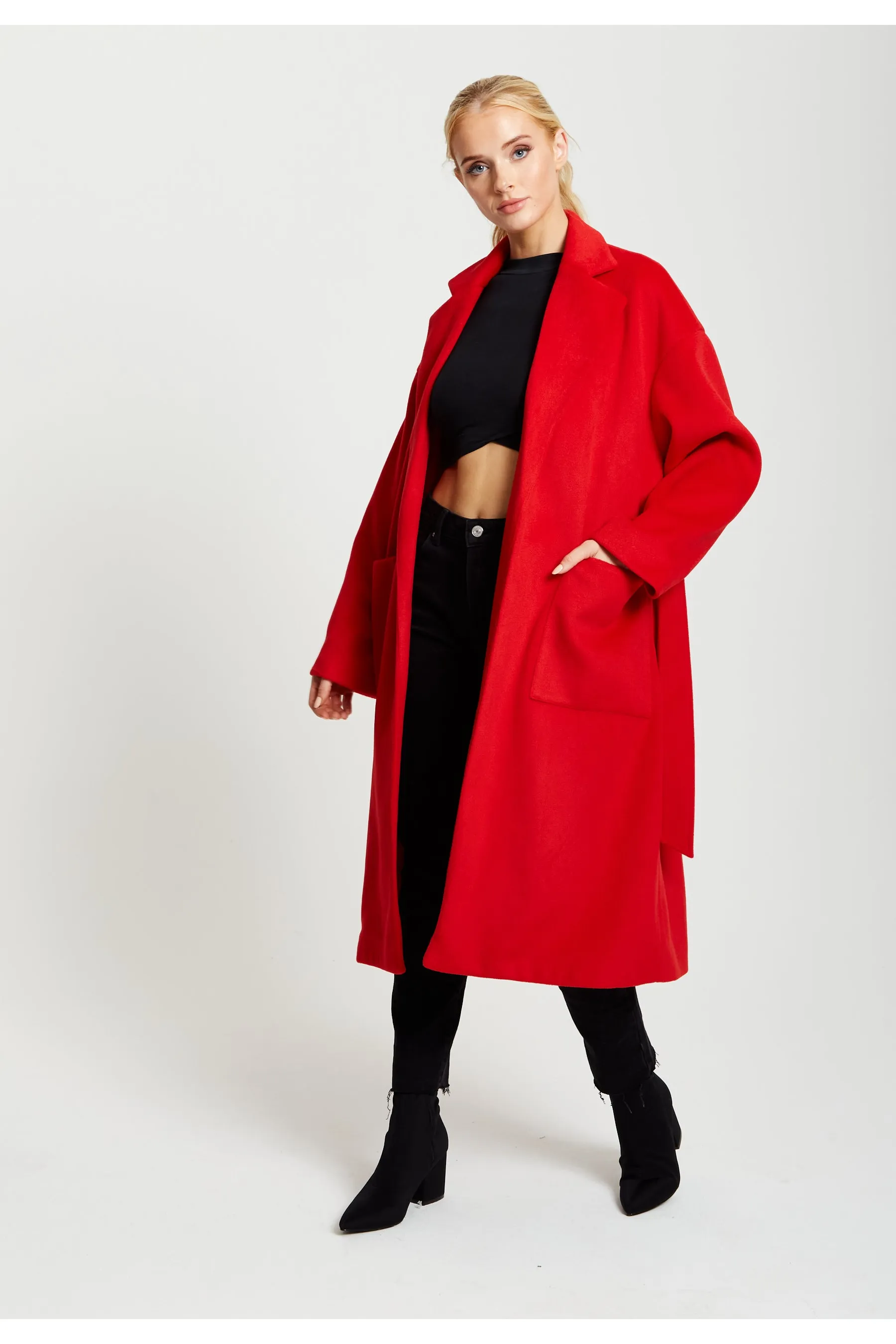 Liquorish Belted Longline Coat In Red