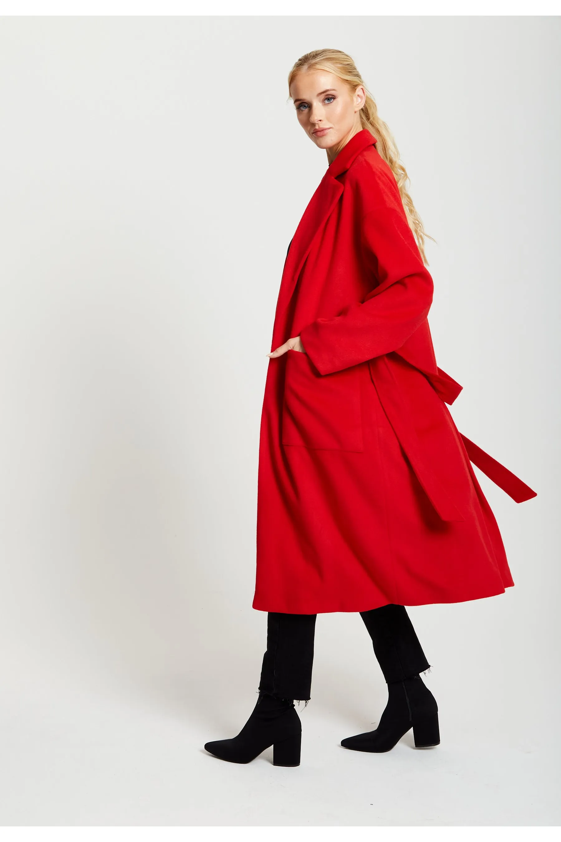 Liquorish Belted Longline Coat In Red