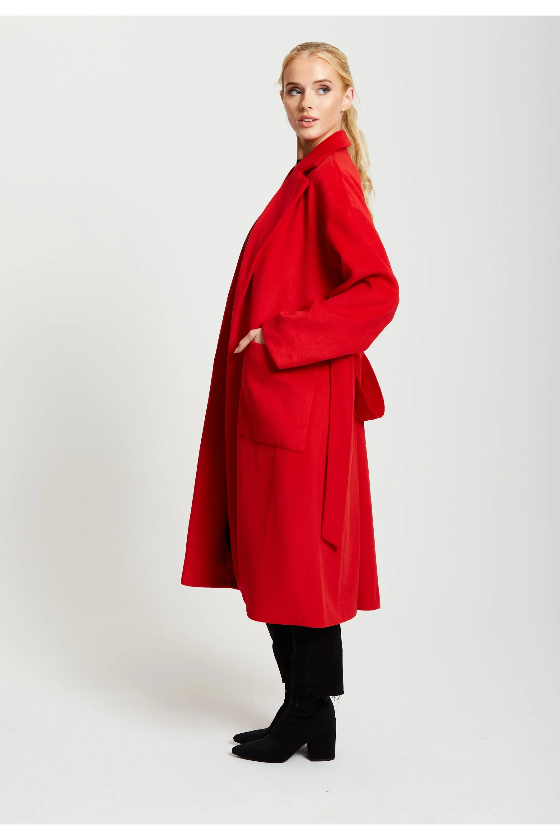 Liquorish Belted Longline Coat In Red