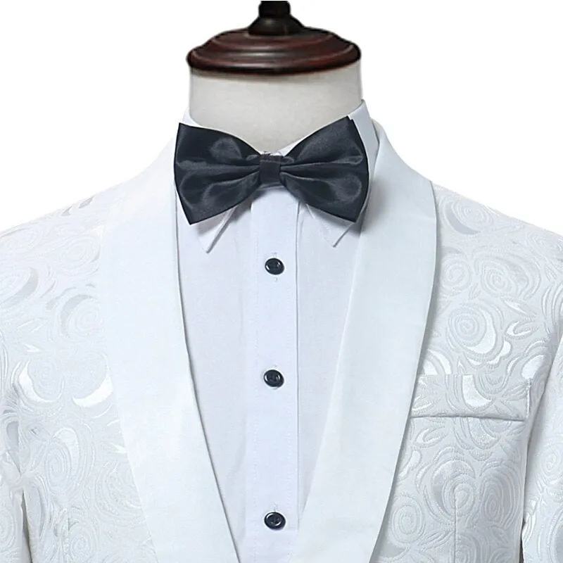 Mens White Floral One Button Suits Party Wedding Groom Tuxedos Groomsmen 2 Piece Suit (Jacket Pants) Male Costume Mariage Homme