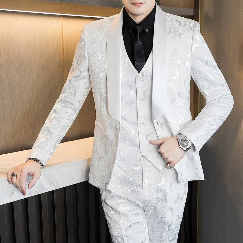 Mens White Floral One Button Suits Party Wedding Groom Tuxedos Groomsmen 2 Piece Suit (Jacket Pants) Male Costume Mariage Homme
