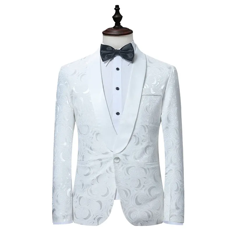 Mens White Floral One Button Suits Party Wedding Groom Tuxedos Groomsmen 2 Piece Suit (Jacket Pants) Male Costume Mariage Homme