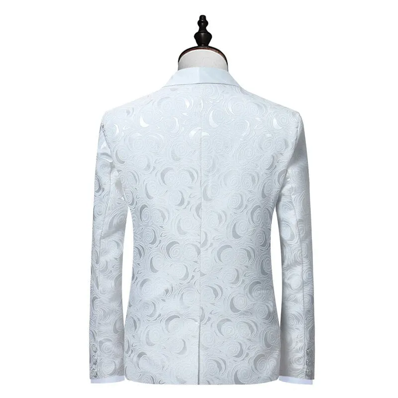 Mens White Floral One Button Suits Party Wedding Groom Tuxedos Groomsmen 2 Piece Suit (Jacket Pants) Male Costume Mariage Homme