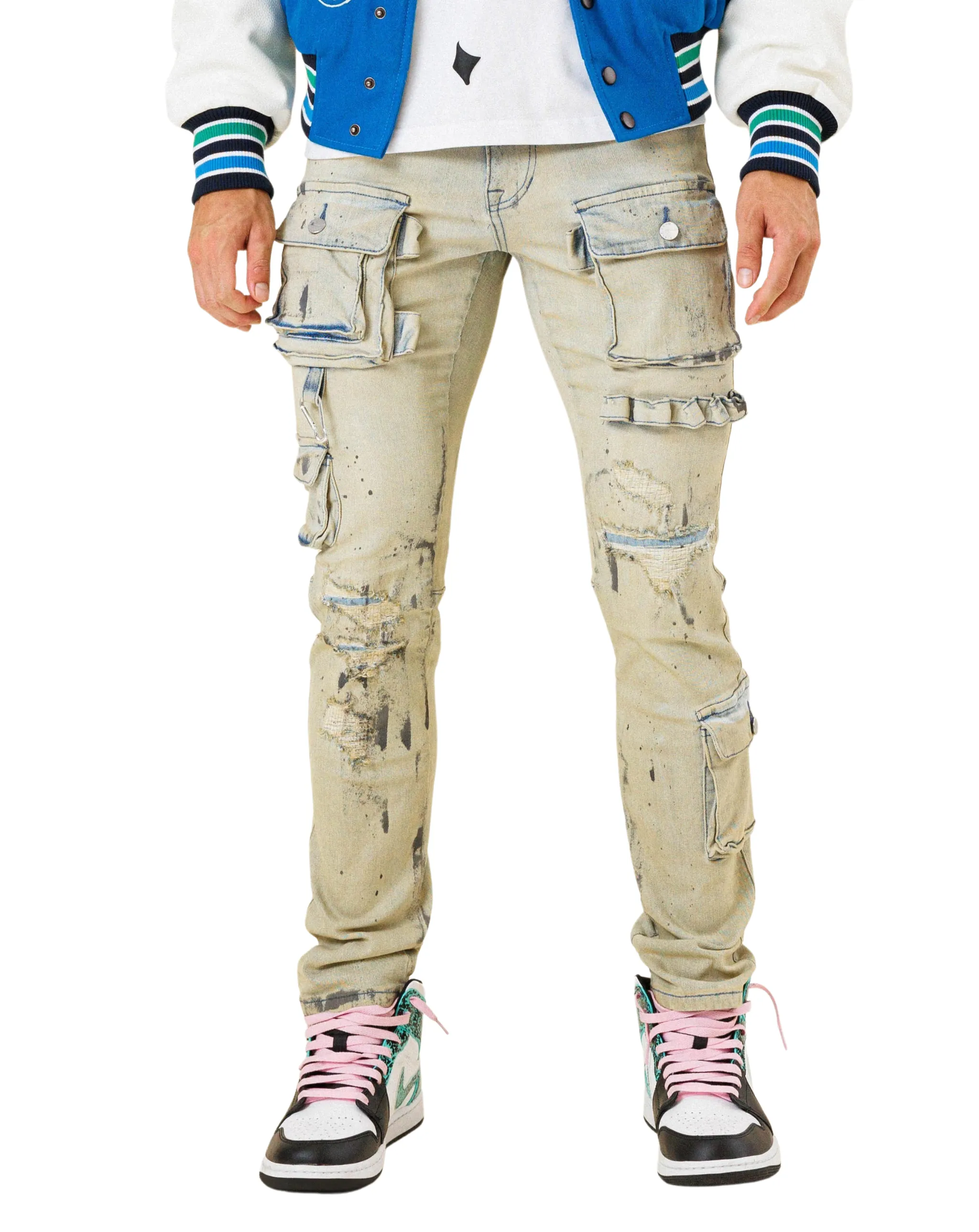Multi Cargo Pocket Slim Fit Denim Pants
