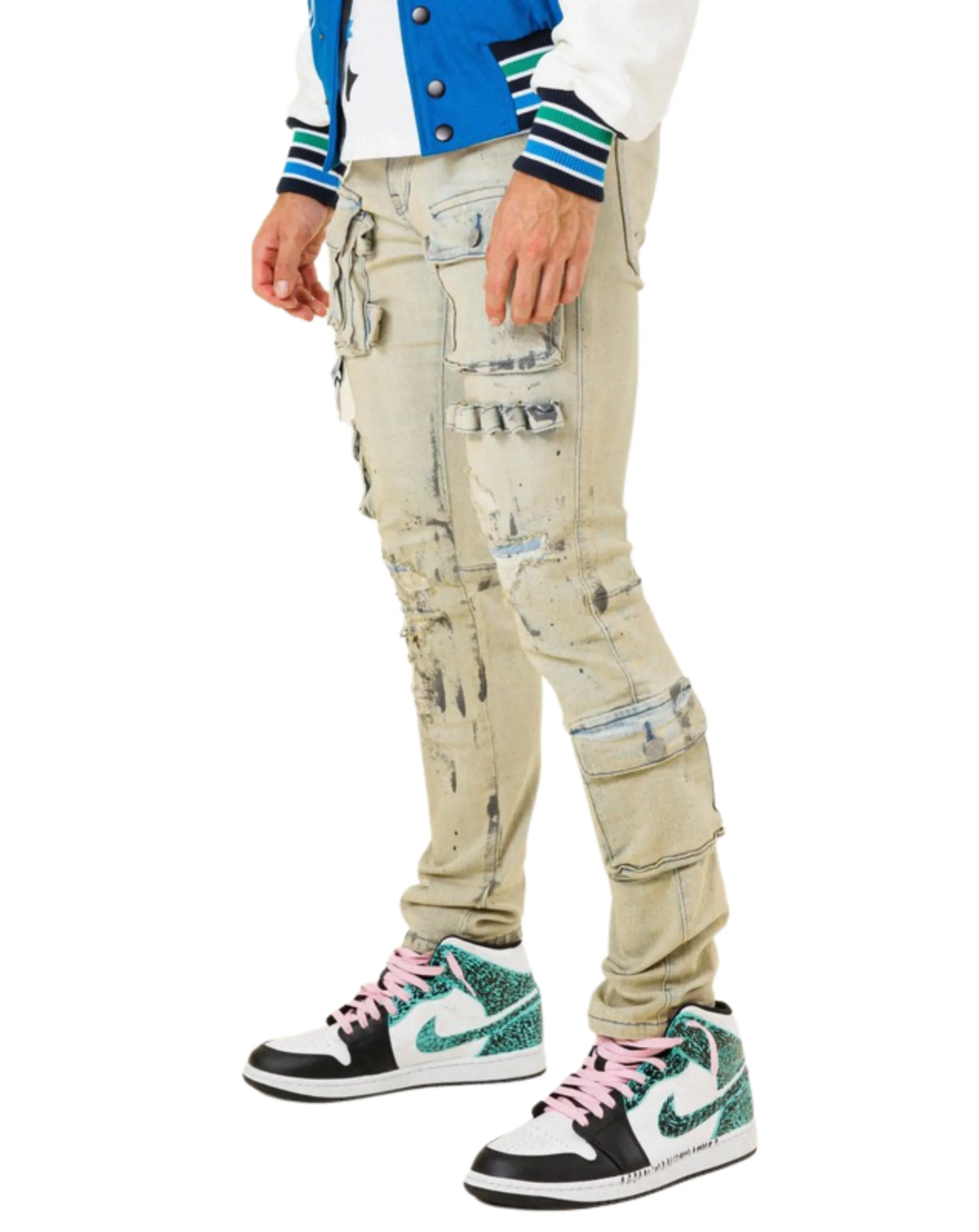 Multi Cargo Pocket Slim Fit Denim Pants