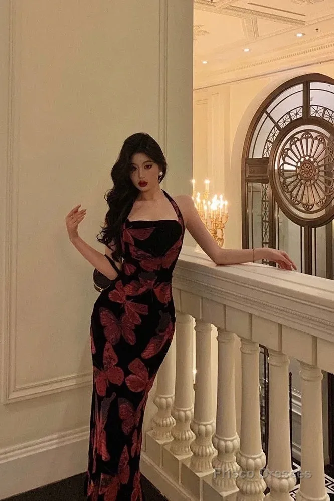 Sexy French Sheath Halter Floral Prom Dresses Birthday Outfits Evening Gown