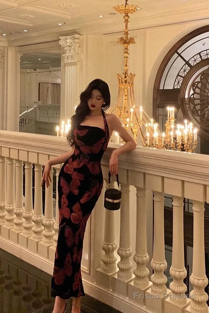 Sexy French Sheath Halter Floral Prom Dresses Birthday Outfits Evening Gown
