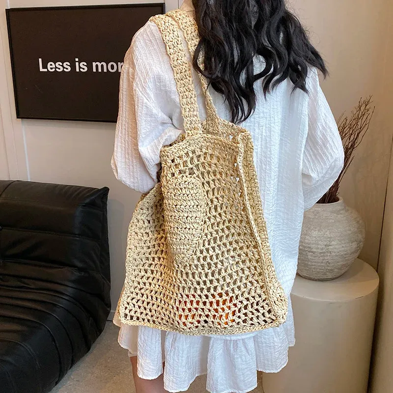 UAKISS  -  Summer Hollow Out Straw Bags for Women Handmade Beach Bags 2024 Korean Fashion Rattan Woven Handbags Travel Shoulder Bags
