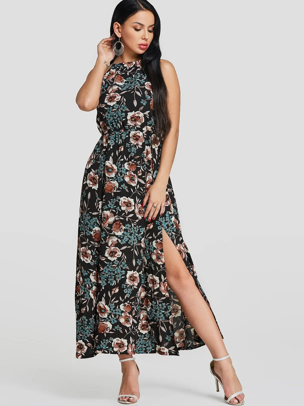 Wholesale Black Halter Sleeveless Floral Print Slit Hem Dresses