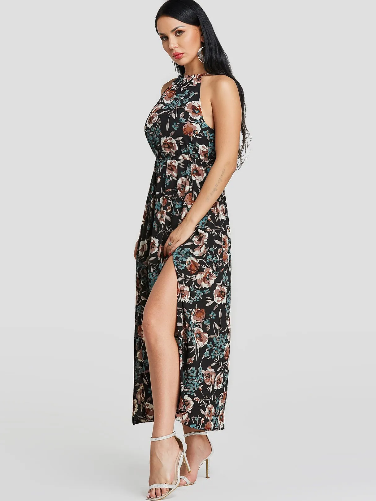 Wholesale Black Halter Sleeveless Floral Print Slit Hem Dresses