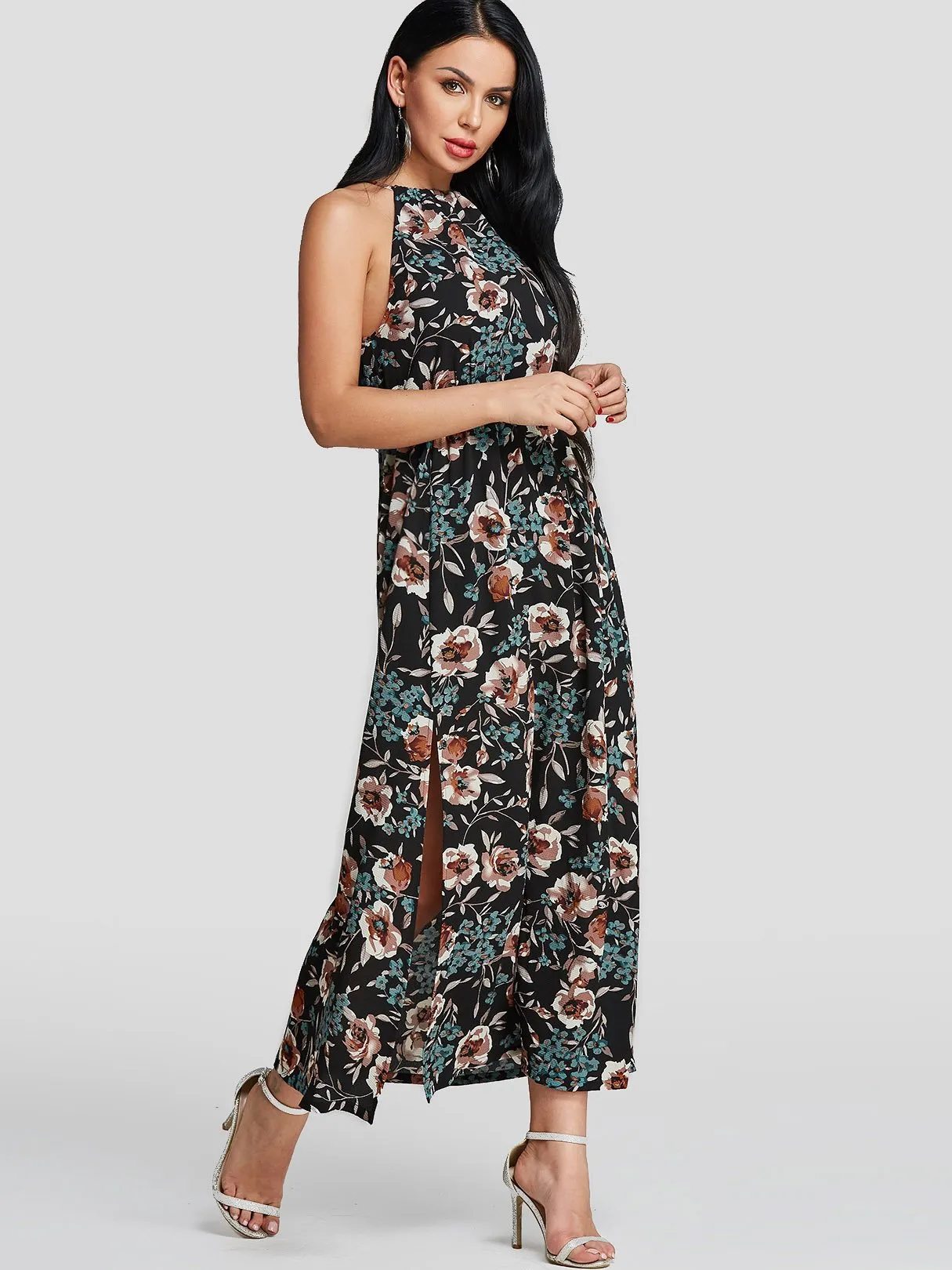 Wholesale Black Halter Sleeveless Floral Print Slit Hem Dresses