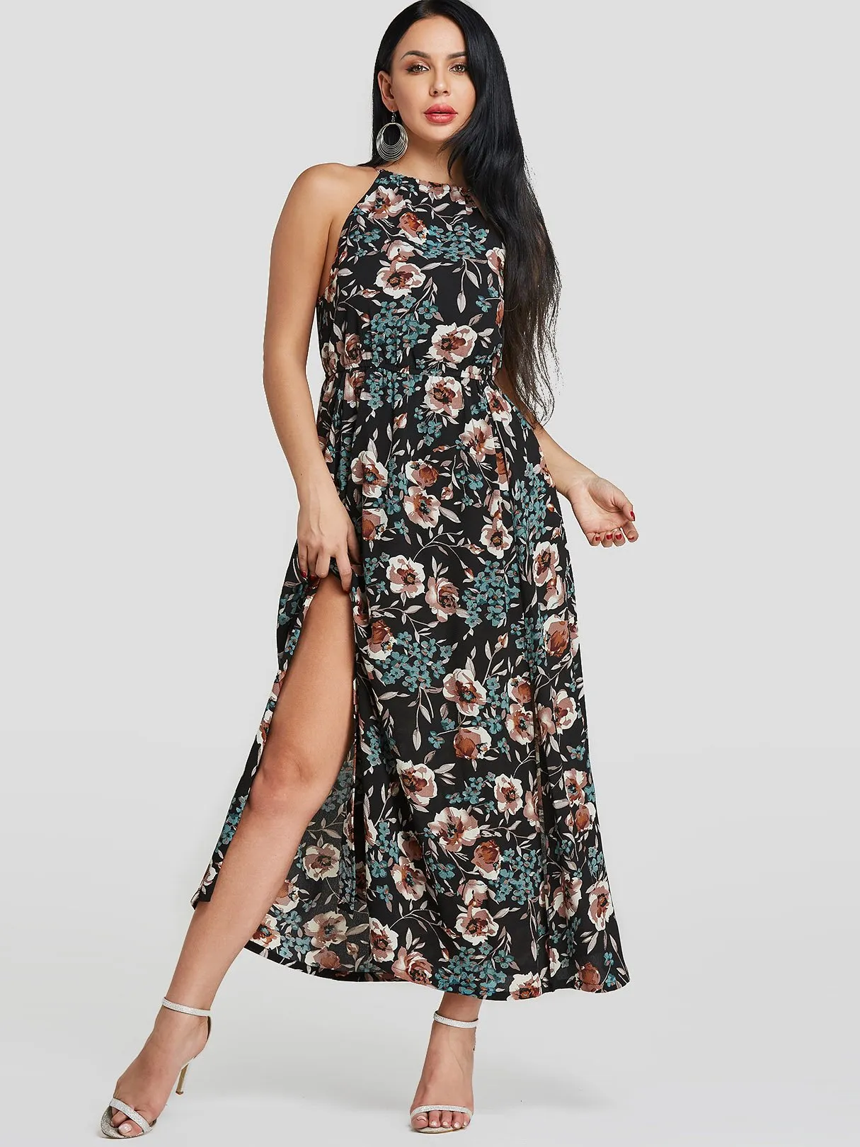 Wholesale Black Halter Sleeveless Floral Print Slit Hem Dresses