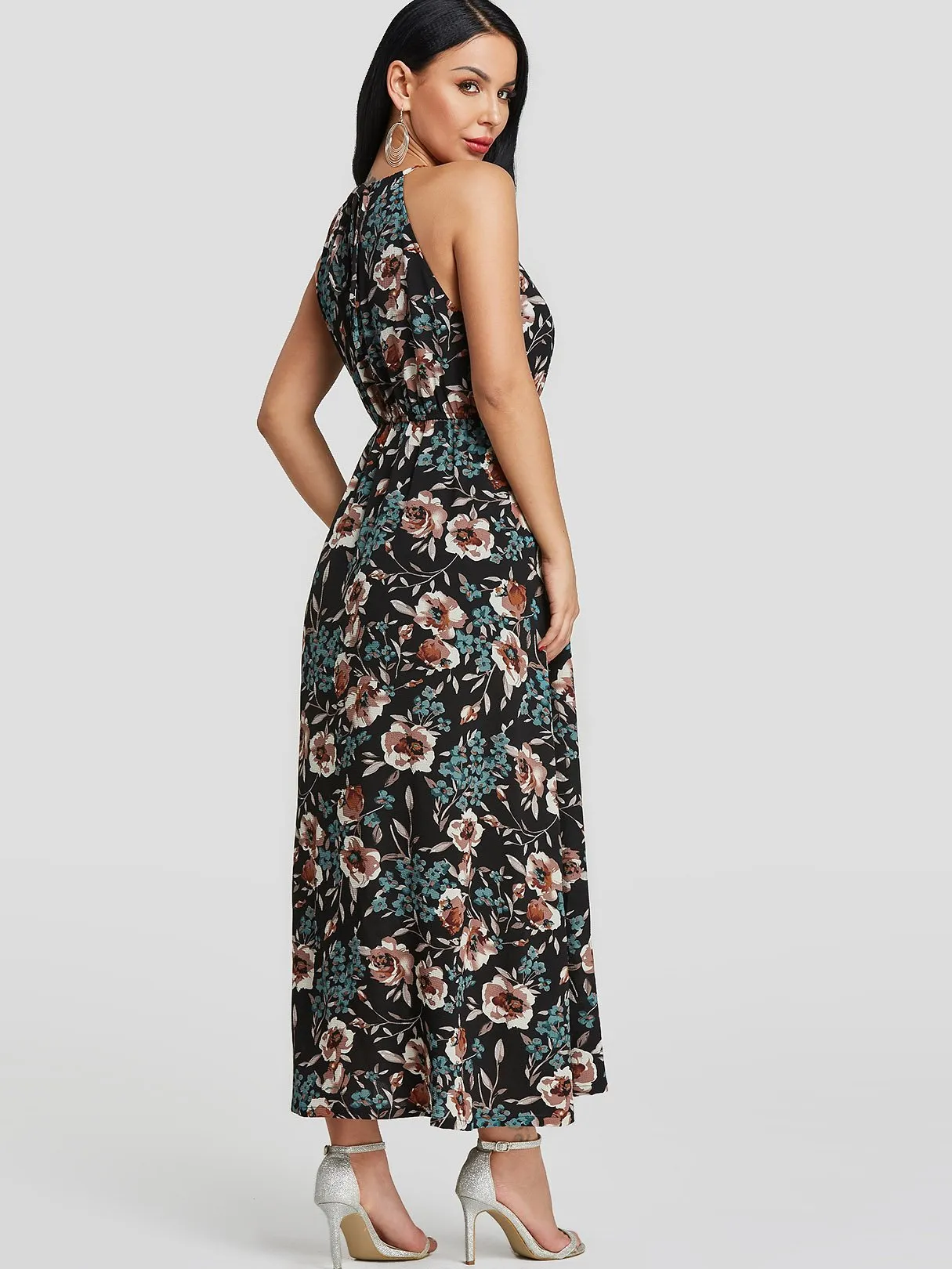 Wholesale Black Halter Sleeveless Floral Print Slit Hem Dresses