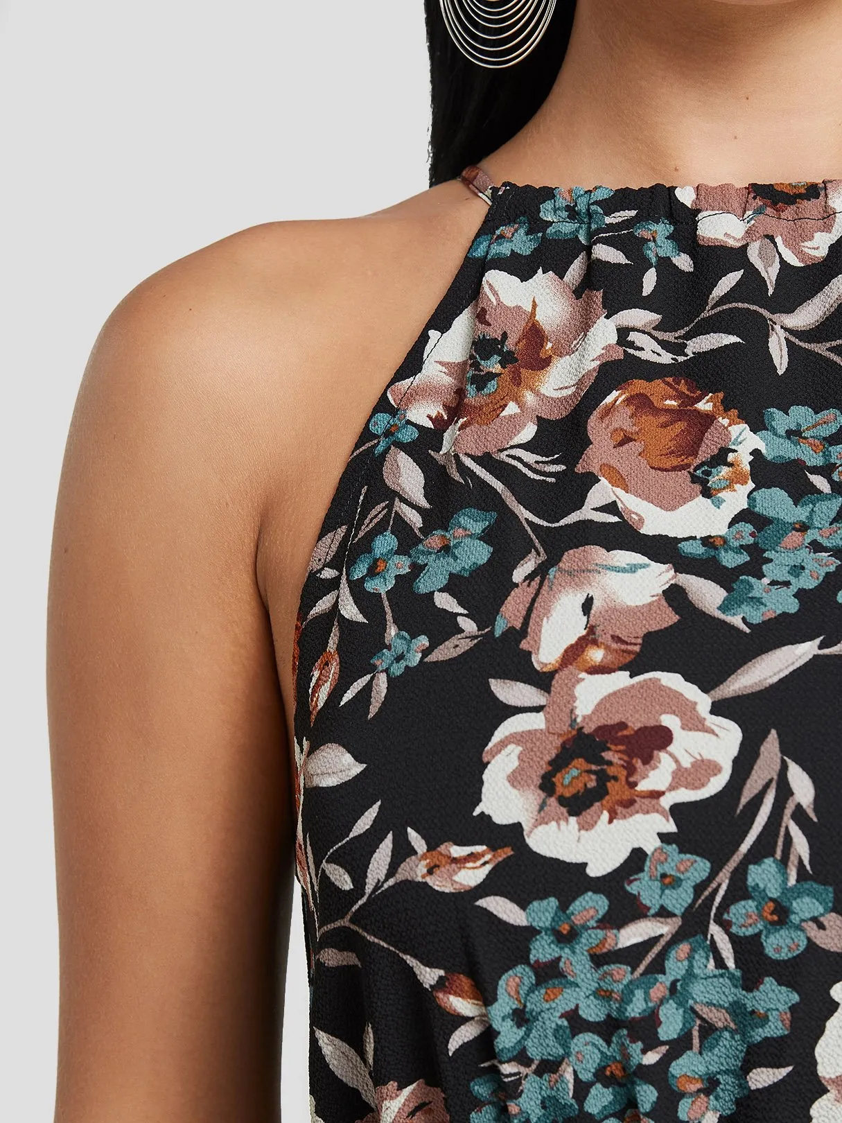 Wholesale Black Halter Sleeveless Floral Print Slit Hem Dresses