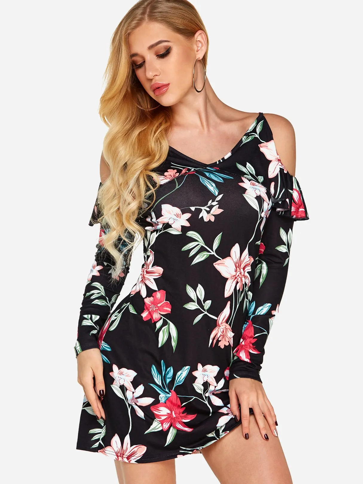 Wholesale Black V-Neck Long Sleeve Floral Print Backless Dresses