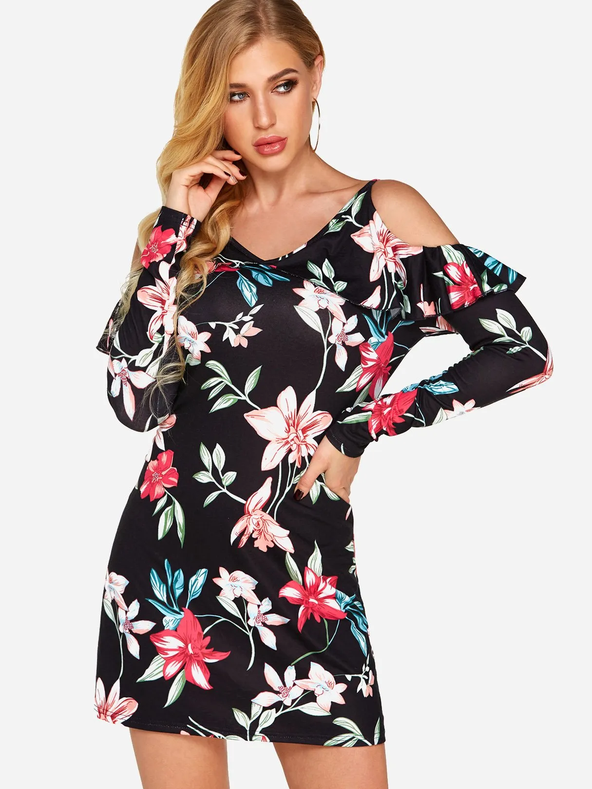 Wholesale Black V-Neck Long Sleeve Floral Print Backless Dresses