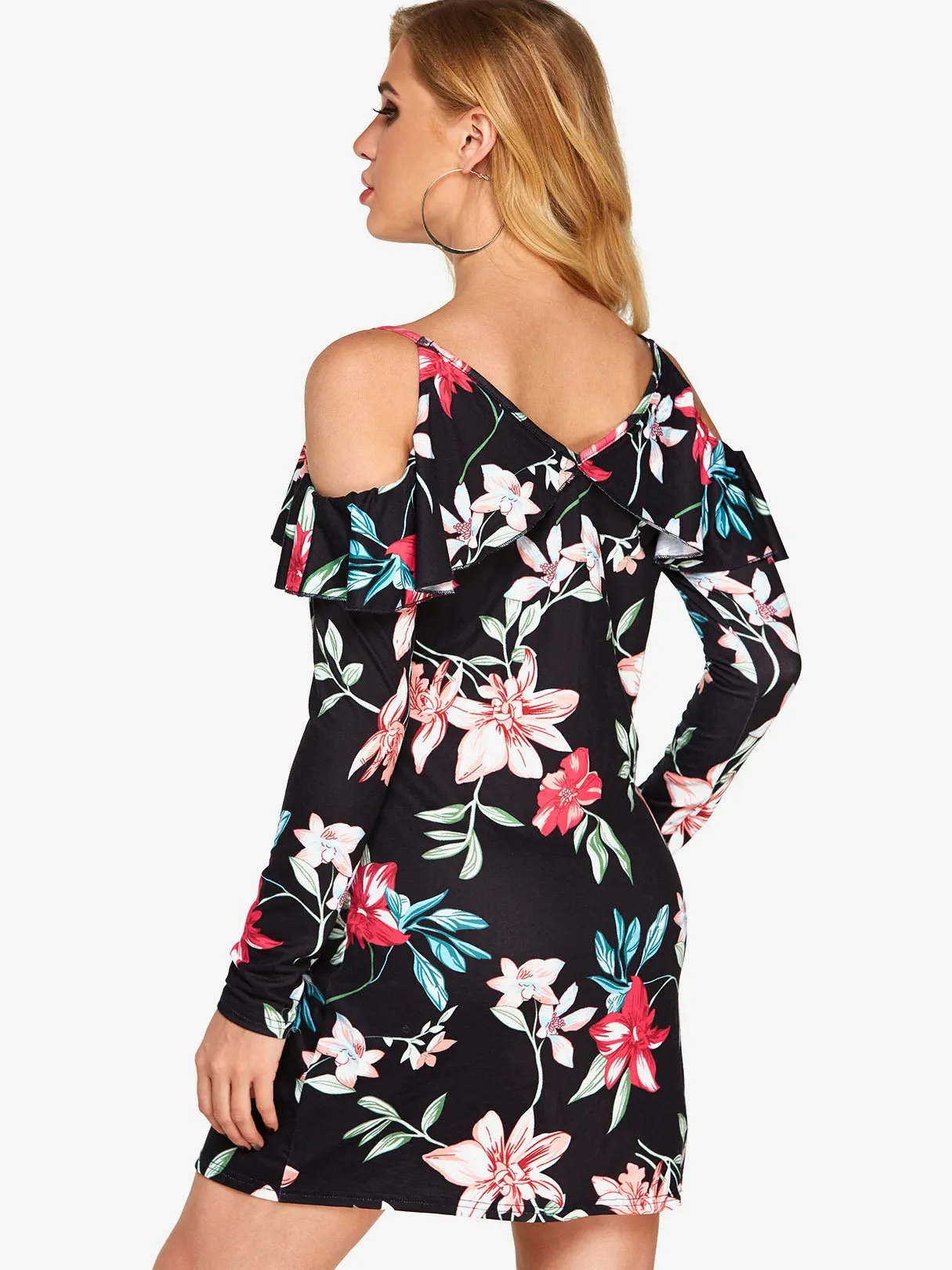 Wholesale Black V-Neck Long Sleeve Floral Print Backless Dresses